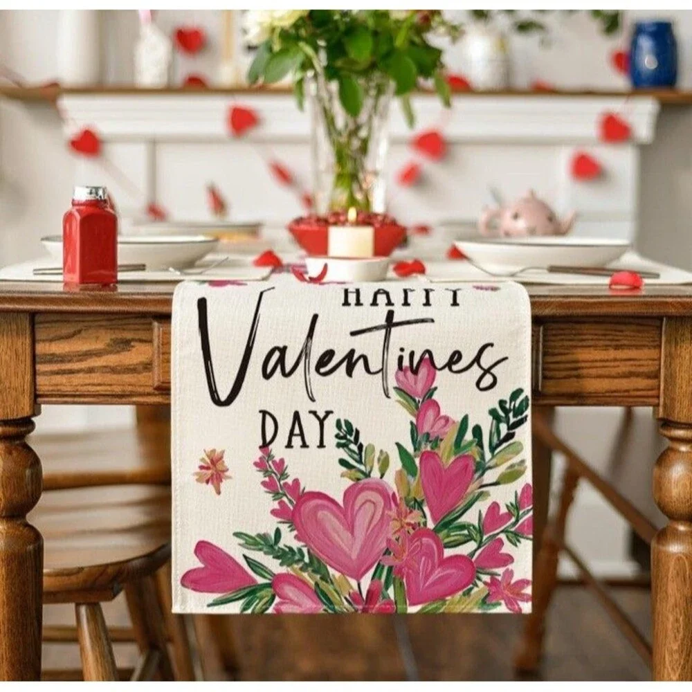 Artoid Mode Pink Heart Shaped Flowers 210 GSM Happy Valentine's Table Runner,...